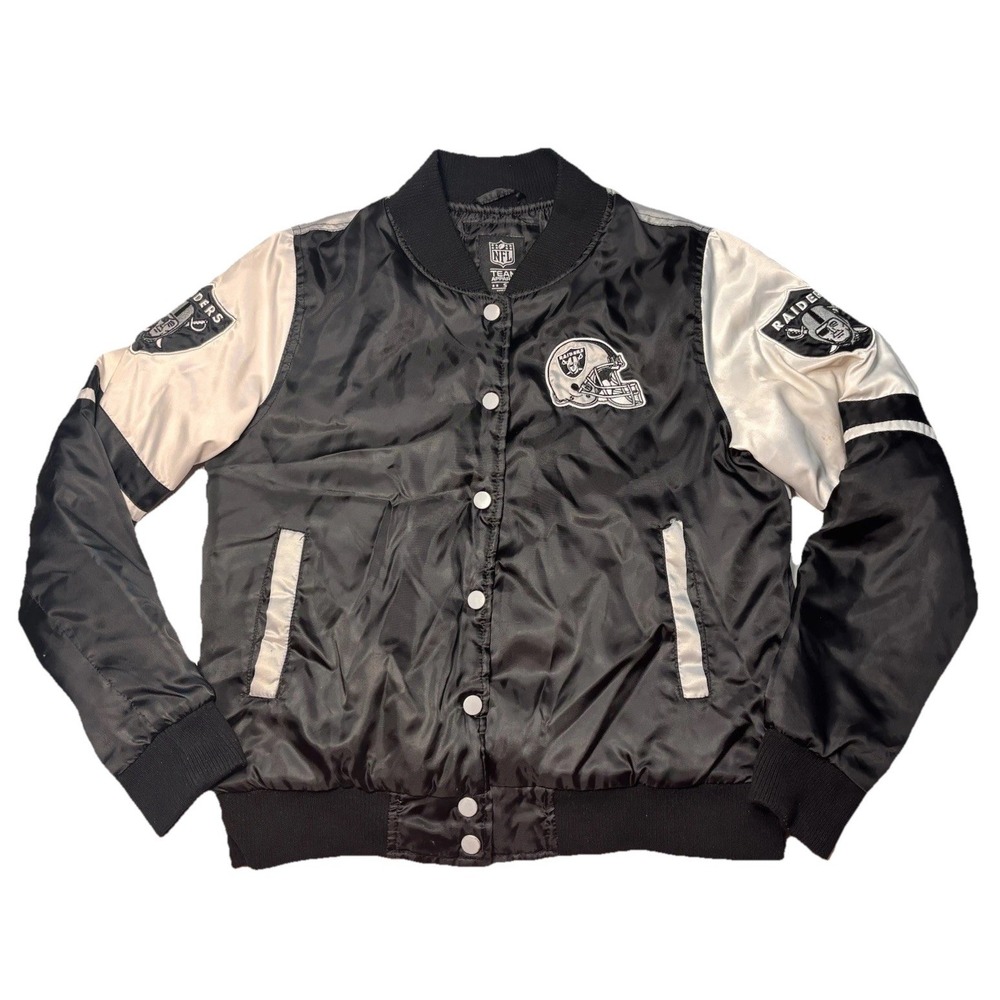 Las Vegas Raiders Satin Bomber Jacket NFL‎ Team Apparel Black Silver S AFC WEST